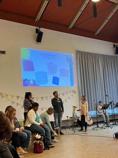 Auf der Bühne werden die Workshop-Phasen erklärt