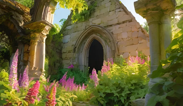 Kirchenruine mit blühenden Blumen davor