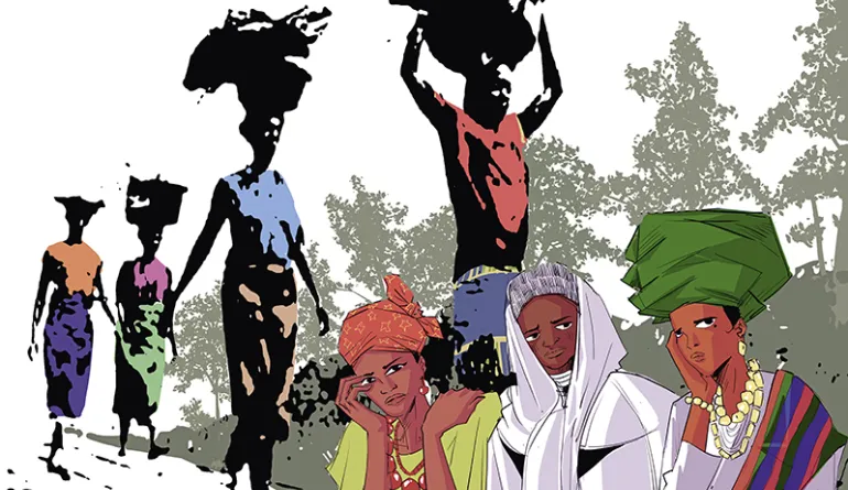 Illustration mit sieben Frauen in traditioneller Kleidung, vier im Hintergrund tragen Körbe auf dem Kopf, drei sitzen im Vordergrund mit farbiger Kleidung und Kopfbedeckungen vor einem Hintergrund mit Bäumen.