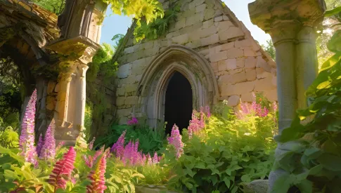 Kirchenruine mit blühenden Blumen davor